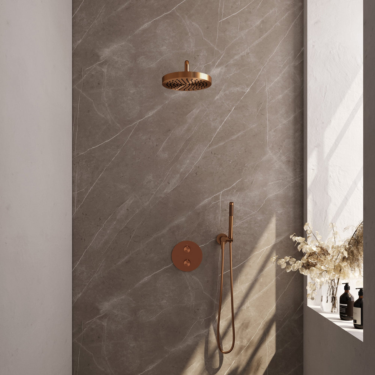 Brauer Stripe inbouw regendoucheset rond - gebogen wandarm - staafhanddouche - wandhouder - Geborsteld Koper PVD