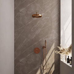 Brauer Stripe inbouw regendoucheset rond - gebogen wandarm - staafhanddouche - wandhouder - Geborsteld Koper PVD