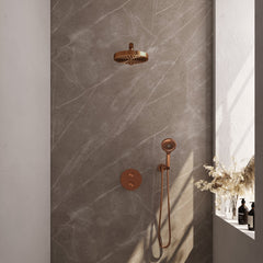 Brauer Stripe inbouw regendoucheset rond - rechte wandarm - 3-standen handdouche - wandhouder - Geborsteld Koper PVD