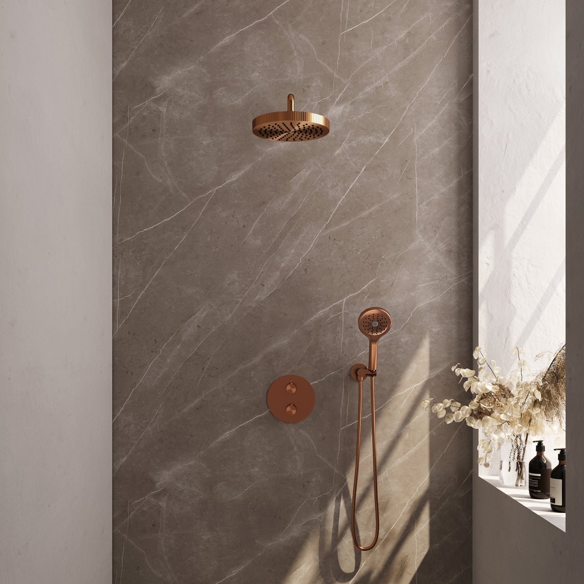 Brauer Stripe inbouw regendoucheset rond - gebogen wandarm - 3-standen handdouche - wandhouder - Geborsteld Koper PVD