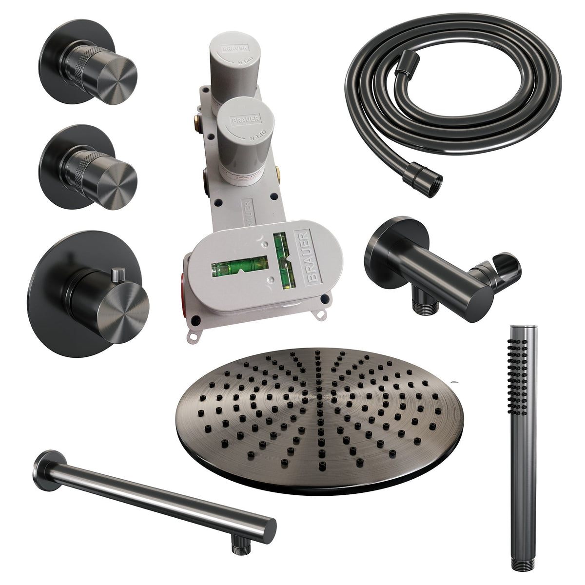 Brauer Edition thermostatische inbouw doucheset - Geborsteld Gunmetal PVD - hoofddouche 30cm - wandarm - staafhanddouche