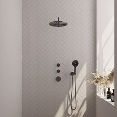 Brauer Carving thermostatische inbouw doucheset - hoofddouche 30cm - gebogen wandarm - 3 standen handdouche rond - Geborsteld Gunmetal PVD