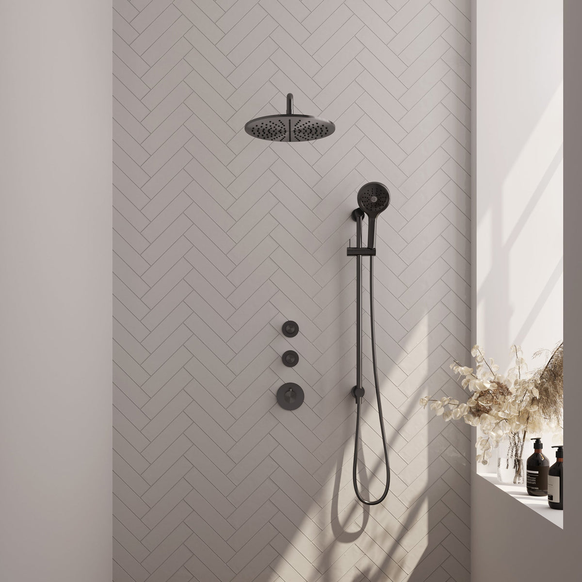 Brauer Carving thermostatische inbouw doucheset - hoofddouche 30cm - gebogen wandarm - 3 standen handdouche rond - Glijstang - Geborsteld Gunmetal PVD
