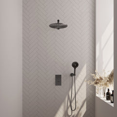 Brauer Carving inbouwset met 3-weg thermostaat - hoofddouche 30cm - rechte wandarm 40cm - ronde 3-standen handdouche - wandaansluiting - Geborsteld Gunmetal PVD