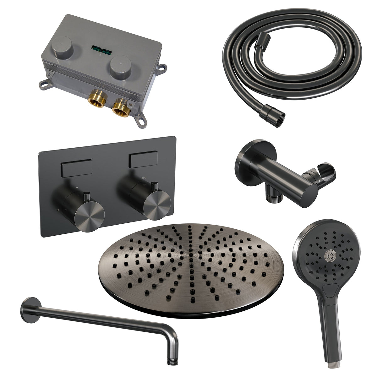 Brauer Edition inbouw doucheset - ronde handdouche - 30cm hoofdouche - gebogen wandarm - wandsteun - Geborsteld Gunmetal PVD