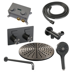 Brauer Edition inbouw doucheset - ronde handdouche - 30cm hoofdouche - gebogen wandarm - wandsteun - Geborsteld Gunmetal PVD
