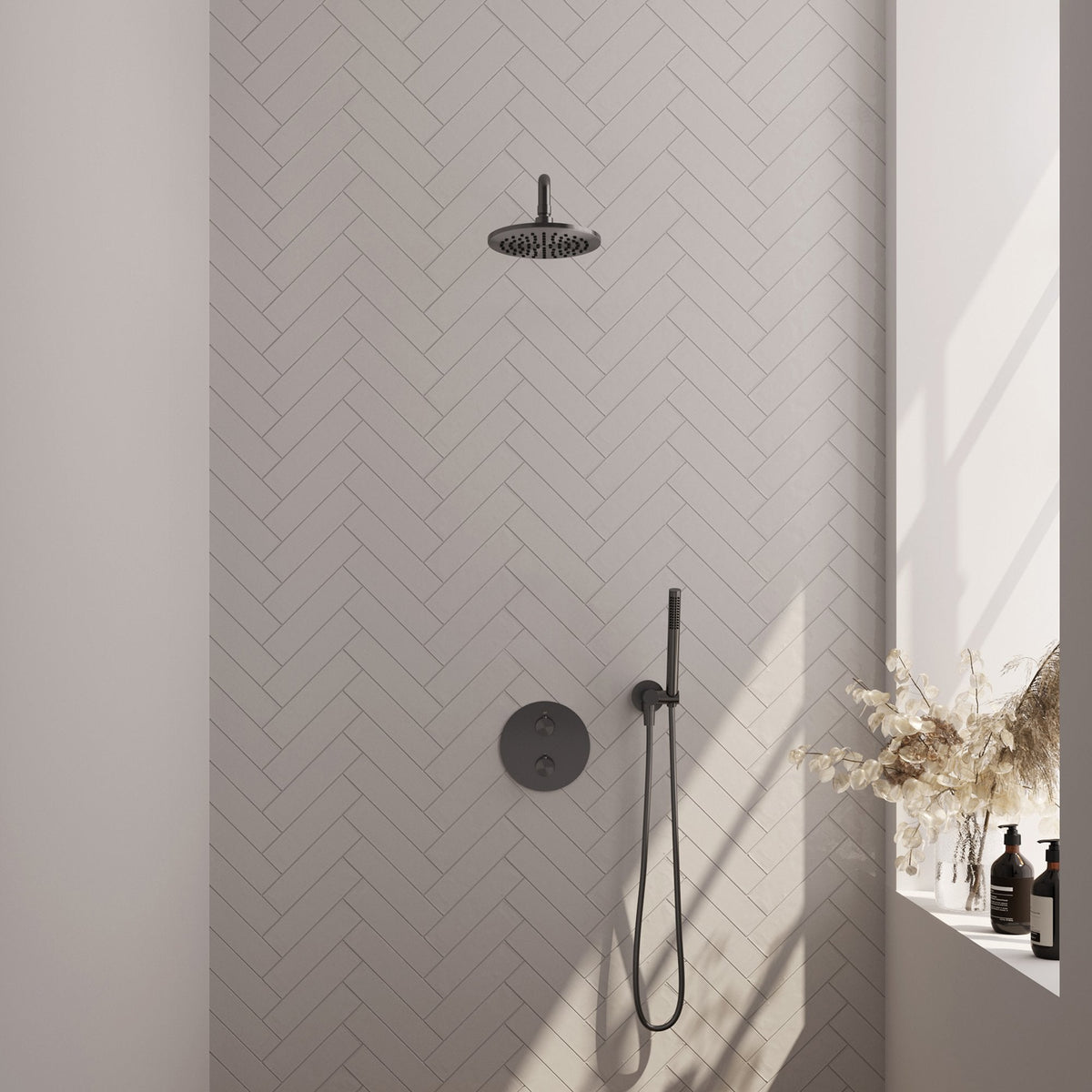 Brauer Edition inbouw regendoucheset 3-weg rond - 20cm hoofddouche - gebogen wandarm - staafhanddouche - wandhouder - Geborsteld Gunmetal PVD