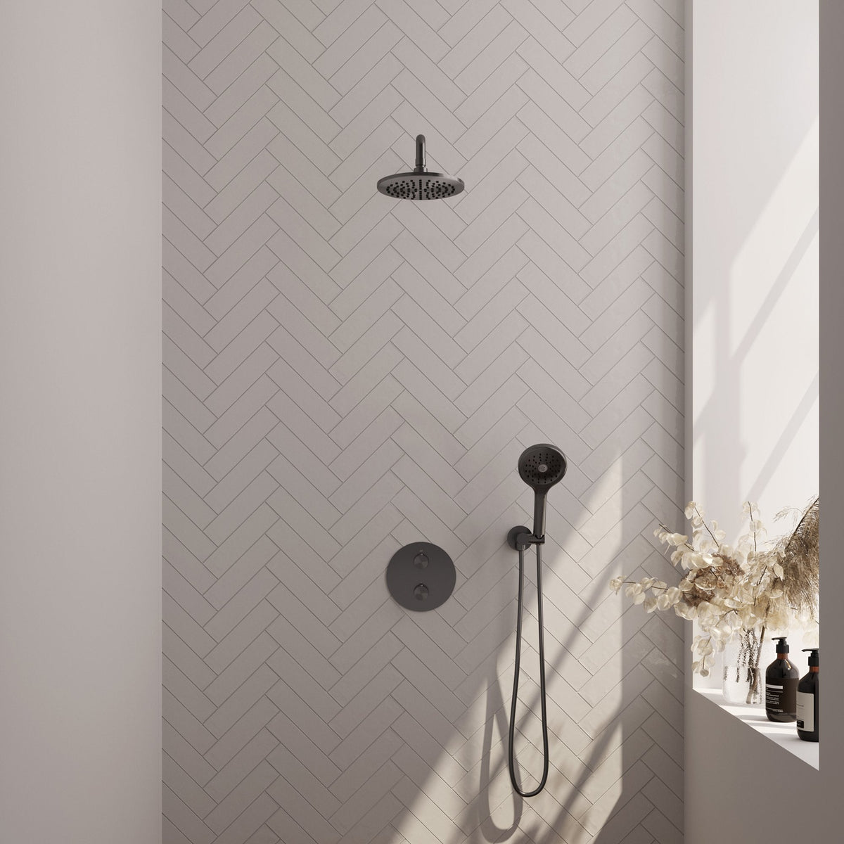 Brauer Edition inbouw regendoucheset 3-weg rond - 20cm hoofddouche - gebogen wandarm - 3 standen handdouche - wandhouder - Geborsteld Gunmetal PVD