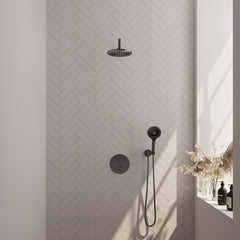 Brauer Edition inbouw regendoucheset 3-weg rond - 20cm hoofddouche - gebogen wandarm - 3 standen handdouche - wandhouder - Geborsteld Gunmetal PVD