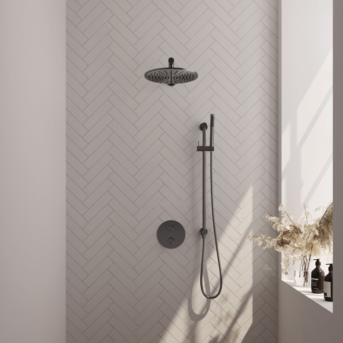 Brauer Edition inbouw regendoucheset 3-weg rond - 30cm hoofddouche - rechte wandarm - staafhanddouche - glijstang - Geborsteld Gunmetal PVD