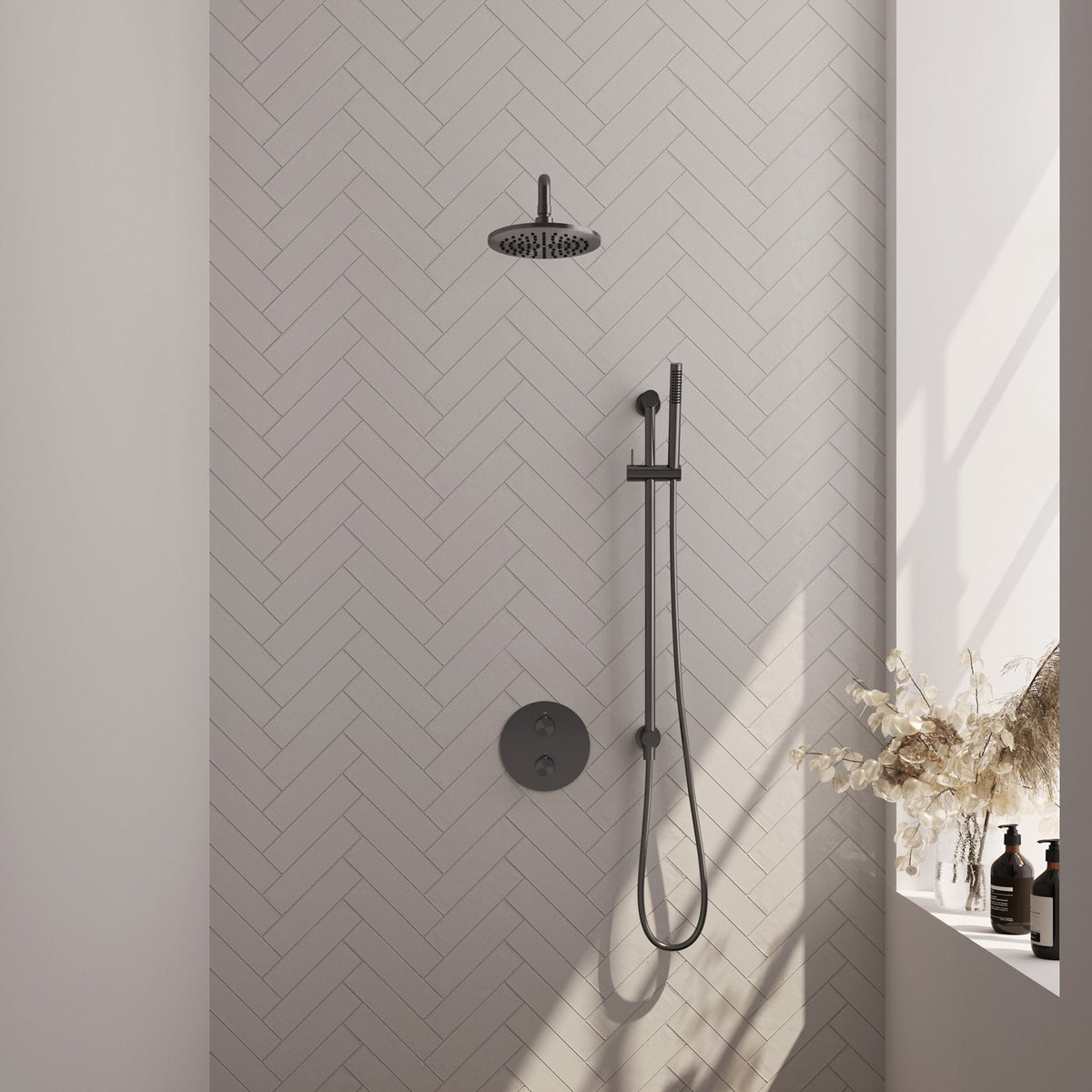 Brauer Edition inbouw regendoucheset 3-weg rond - 20cm hoofddouche - gebogen wandarm - staafhanddouche - glijstang - Geborsteld Gunmetal PVD