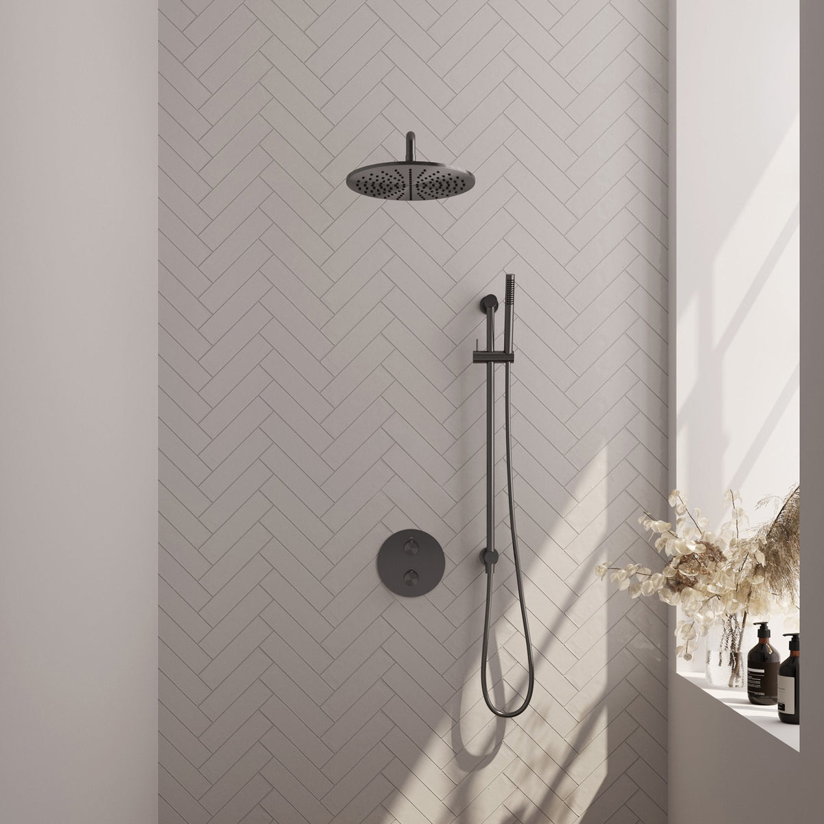 Brauer Edition inbouw regendoucheset 3-weg rond - 30cm hoofddouche - gebogen wandarm - staafhanddouche - glijstang - Geborsteld Gunmetal PVD