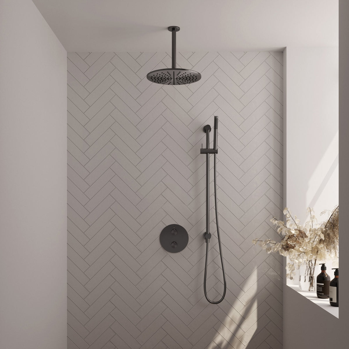 Brauer Edition inbouw regendoucheset 3-weg rond - 30cm hoofddouche - plafondarm - staafhanddouche - glijstang - Geborsteld Gunmetal PVD