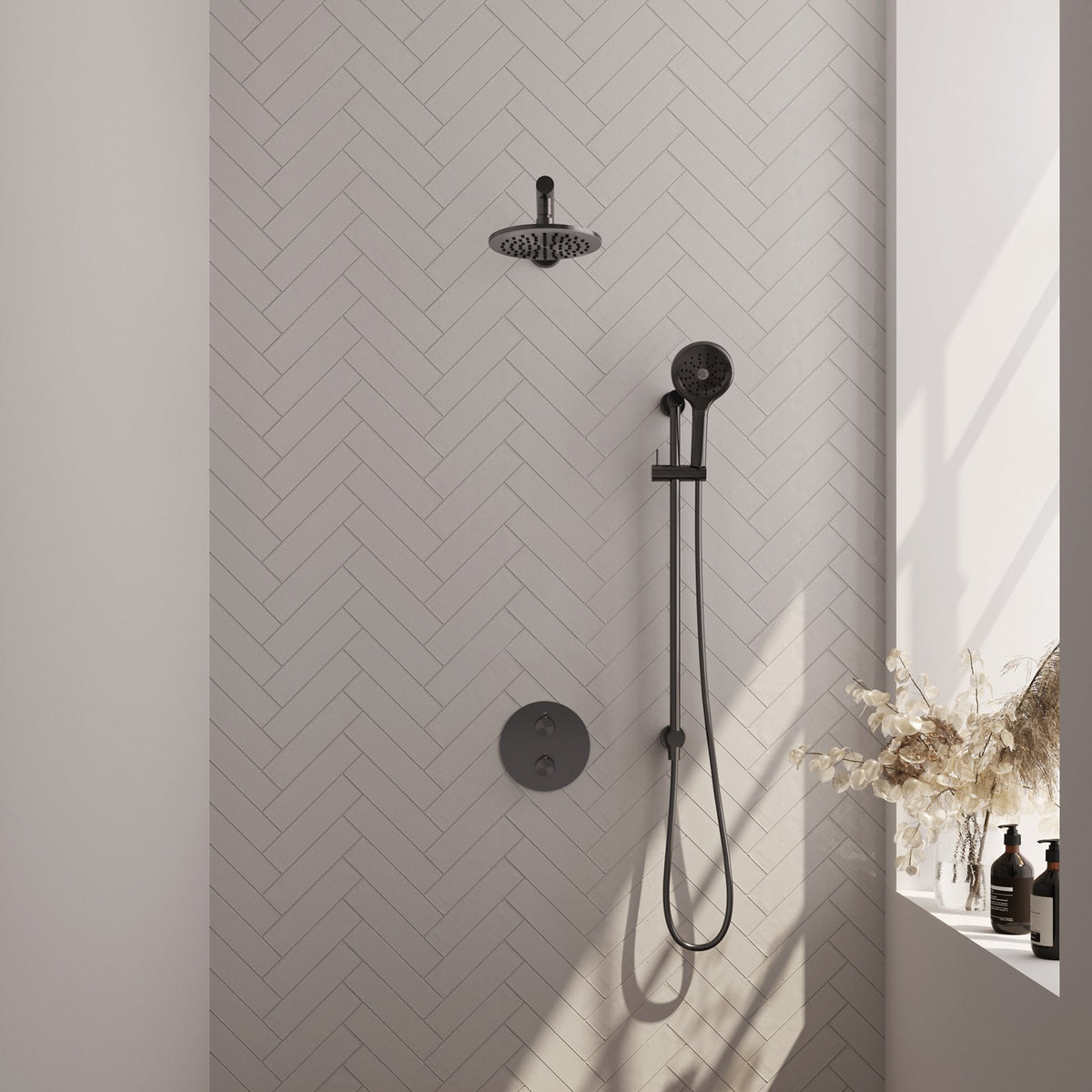 Brauer Edition inbouw regendoucheset 3-weg rond - 20cm hoofddouche - rechte wandarm - 3 standen handdouche - glijstang - Geborsteld Gunmetal PVD