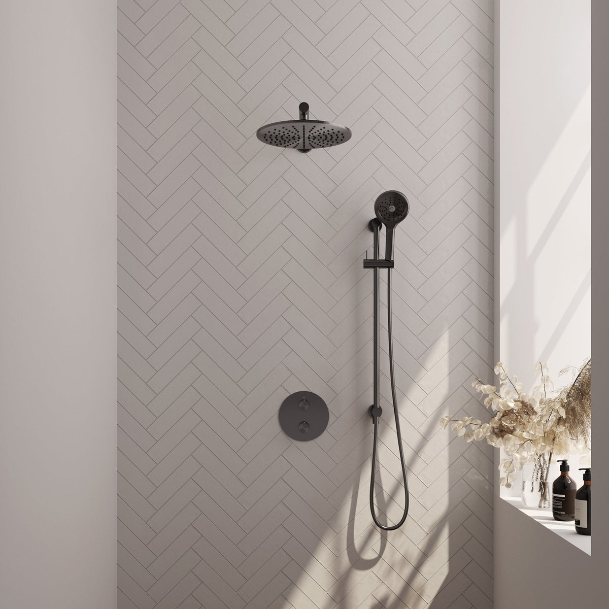 Brauer Edition inbouw regendoucheset 3-weg rond - 30cm hoofddouche - rechte wandarm - 3 standen handdouche - glijstang - Geborsteld Gunmetal PVD