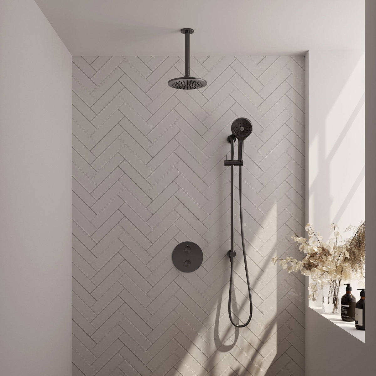 Brauer Edition inbouw regendoucheset 3-weg rond - 20cm hoofddouche - plafondarm - 3 standen handdouche - glijstang - Geborsteld Gunmetal PVD