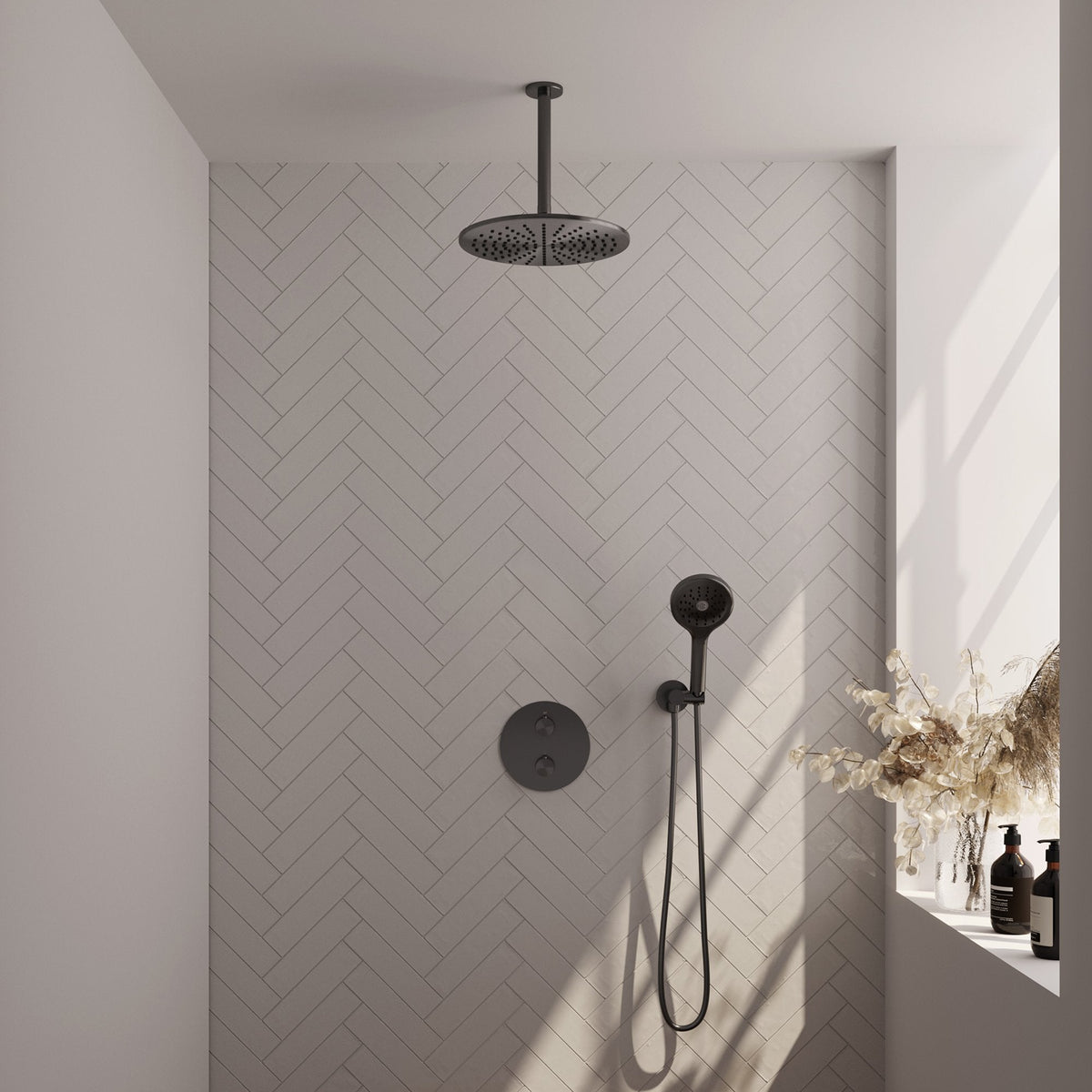 Brauer Carving inbouw regendoucheset 3-weg rond - 30cm hoofddouche - plafondarm - 3 standen handdouche - wandhouder - Geborsteld Gunmetal PVD
