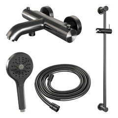 Brauer Stripe opbouw bad thermostaatkraan glijstangset - met 3-standen handdouche - Geborsteld Gunmetal PVD