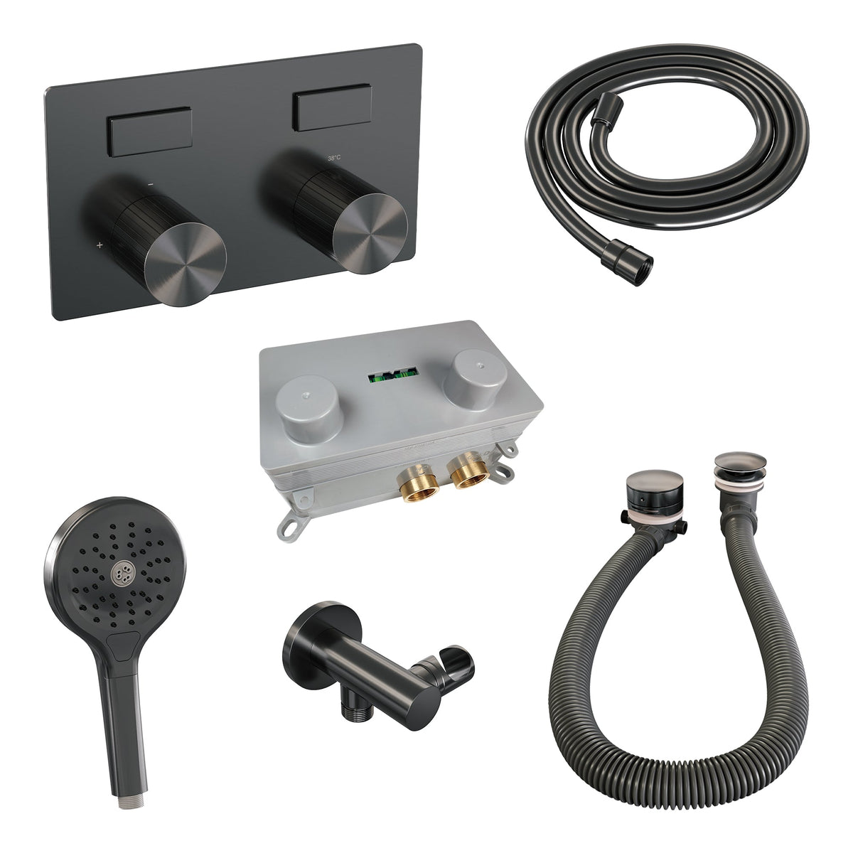 Brauer Stripe inbouw badthermostaat met drukknoppen en badvulcombinatie - 3-standen handdouche - Geborsteld Gunmetal PVD
