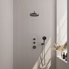Brauer Stripe inbouw regendoucheset met 2 stopkranen - gebogen wandarm - 3-standen handdouche - wandhouder - Geborsteld Gunmetal PVD