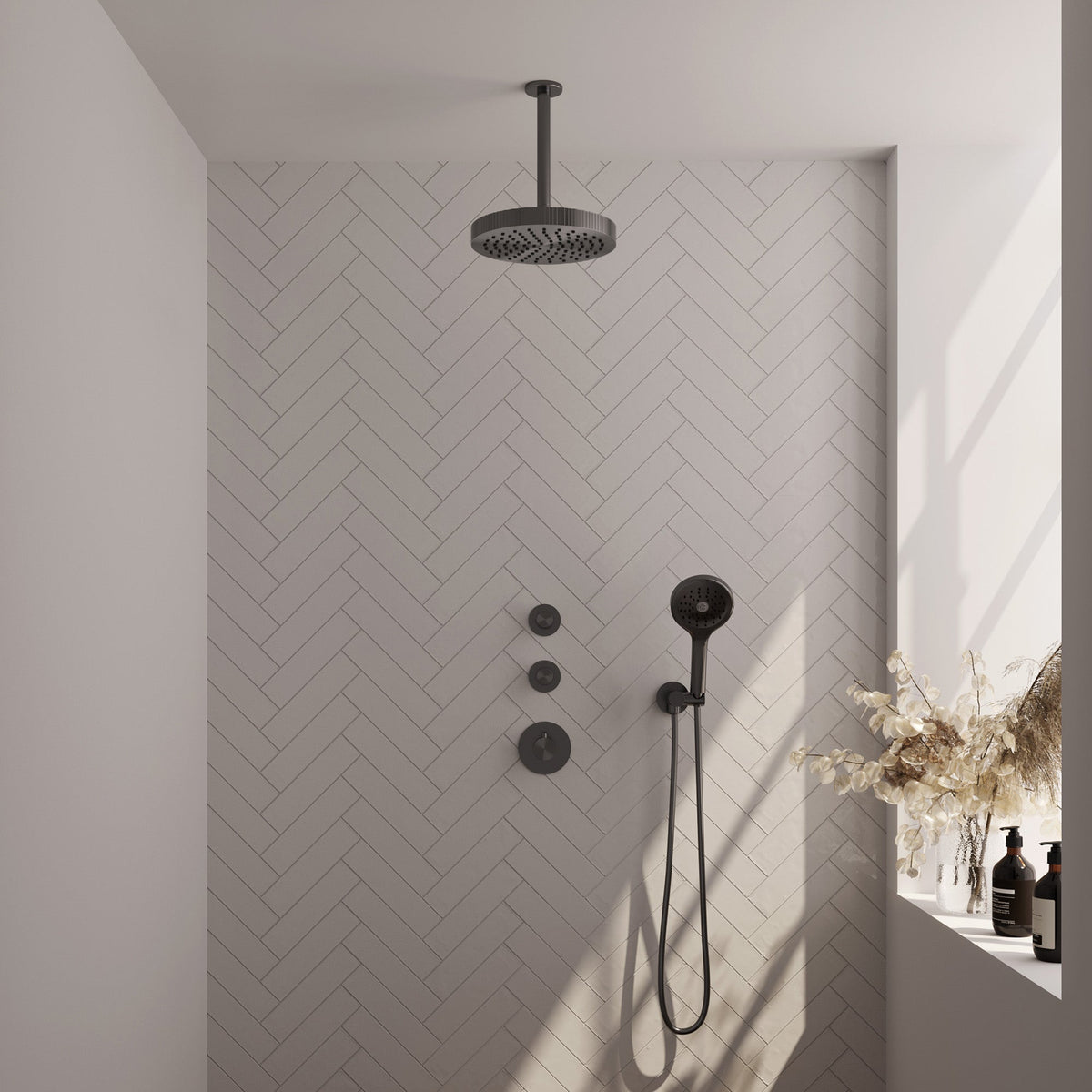 Brauer Stripe inbouw regendoucheset met 2 stopkranen  - 20cm plafondbuis - 3-standen handdouche - wandhouder - Geborsteld Gunmetal PVD