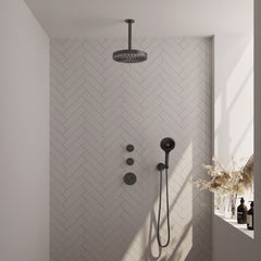 Brauer Stripe inbouw regendoucheset met 2 stopkranen  - 20cm plafondbuis - 3-standen handdouche - wandhouder - Geborsteld Gunmetal PVD