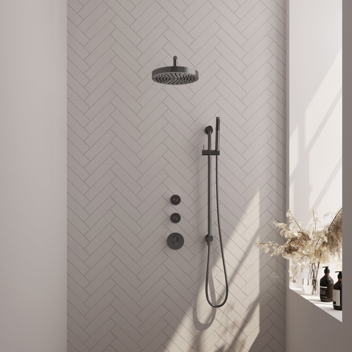 Brauer Stripe inbouw regendoucheset met 2 stopkranen - gebogen wandarm - staafhanddouche - glijstang - Geborsteld Gunmetal PVD