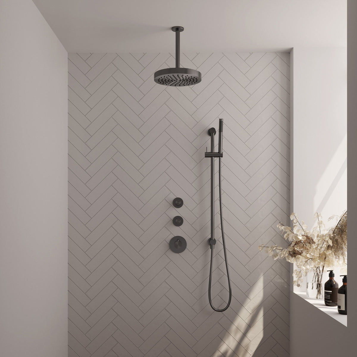 Brauer Stripe inbouw regendoucheset met 2 stopkranen  - 20cm plafondbuis - staafhanddouche - glijstang - Geborsteld Gunmetal PVD