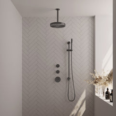 Brauer Stripe inbouw regendoucheset met 2 stopkranen  - 20cm plafondbuis - staafhanddouche - glijstang - Geborsteld Gunmetal PVD