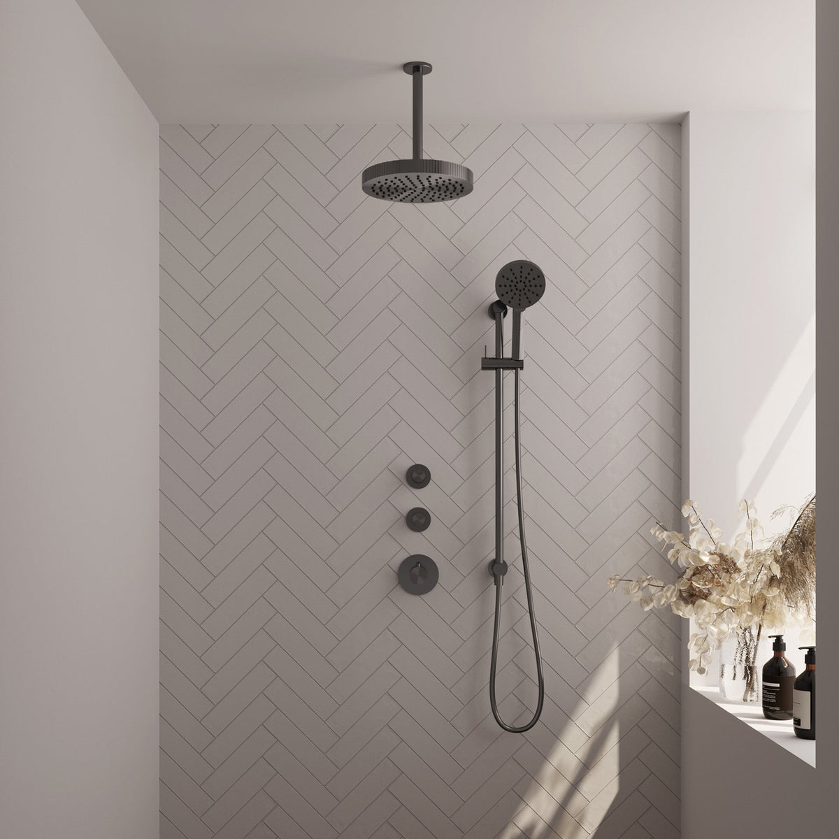 Brauer Stripe inbouw regendoucheset met 2 stopkranen  - 20cm plafondbuis - 3-standen handdouche - glijstang - Geborsteld Gunmetal PVD