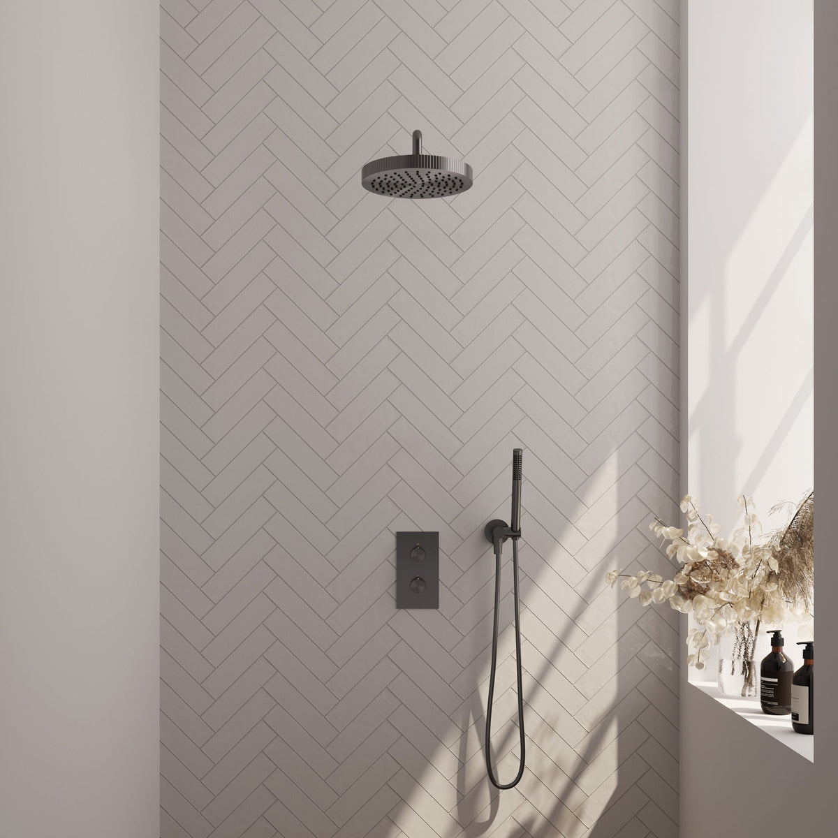 Brauer Stripe thermostatische inbouw regendouche rechthoekig - gebogen wandarm - staafhanddouche - wandhouder - Geborsteld Gunmetal PVD
