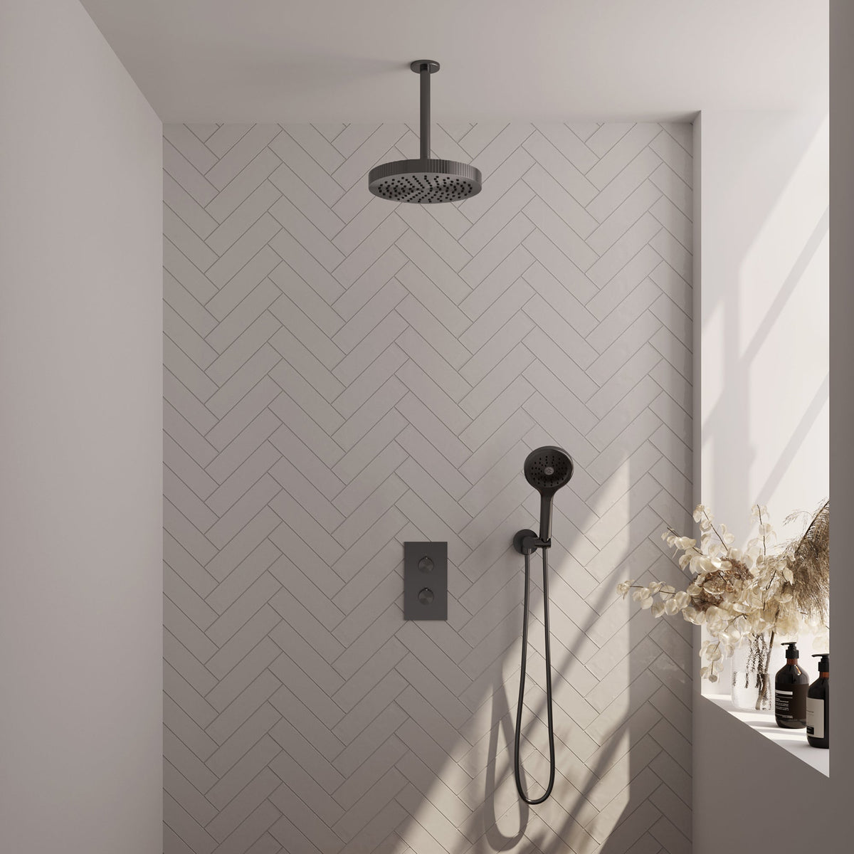 Brauer Stripe thermostatische inbouw regendouche rechthoekig  - 20cm plafondbuis - 3-standen handdouche - wandhouder - Geborsteld Gunmetal PVD