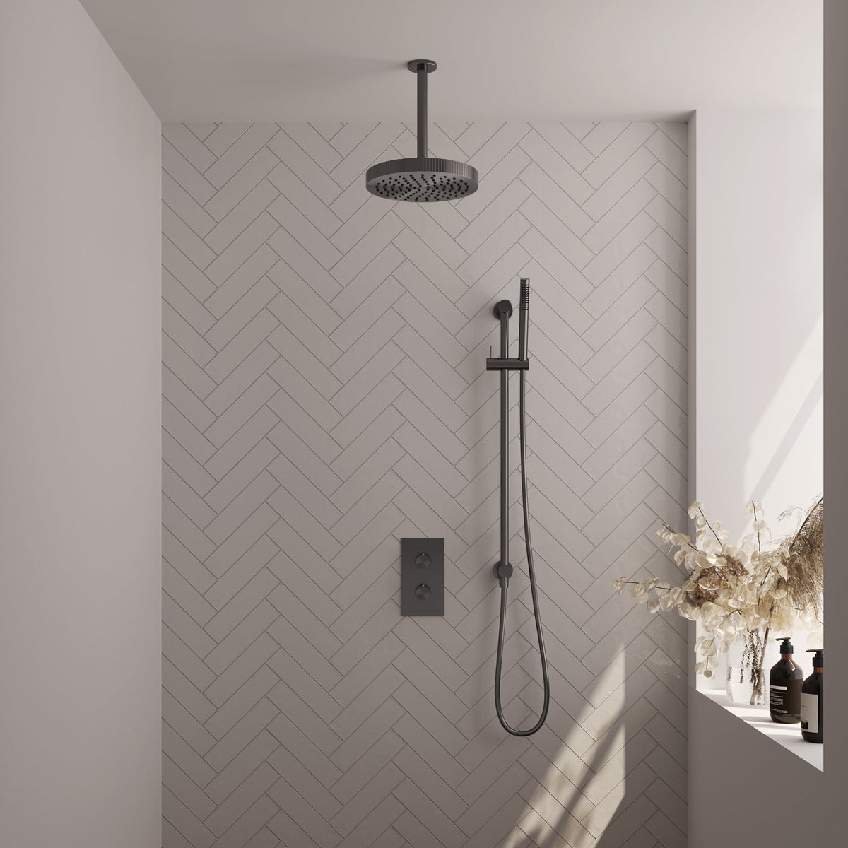 Brauer Stripe thermostatische inbouw regendouche rechthoekig  - 20cm plafondbuis - staafhanddouche - glijstang - Geborsteld Gunmetal PVD
