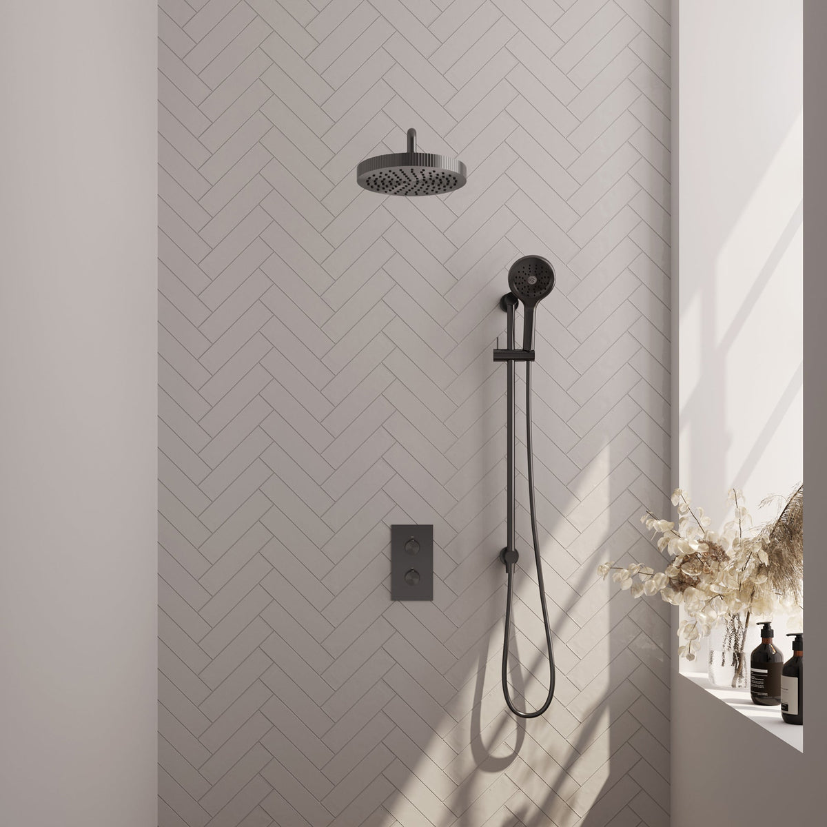 Brauer Stripe thermostatische inbouw regendouche rechthoekig - gebogen wandarm - 3-standen handdouche - glijstang - Geborsteld Gunmetal PVD