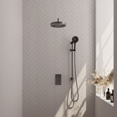 Brauer Stripe thermostatische inbouw regendouche rechthoekig - gebogen wandarm - 3-standen handdouche - glijstang - Geborsteld Gunmetal PVD