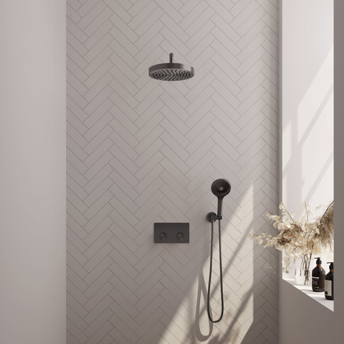 Brauer Stripe inbouw regendoucheset met drukknoppen - gebogen wandarm - 3-standen handdouche - wandhouder - Geborsteld Gunmetal PVD