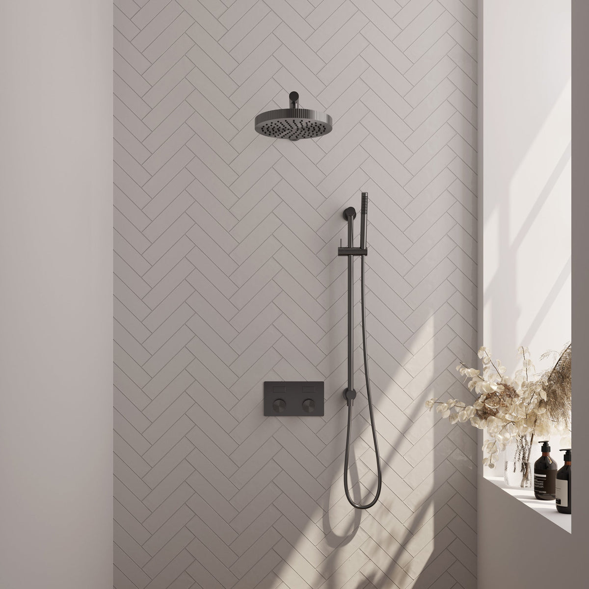Brauer Stripe inbouw regendoucheset met drukknoppen - rechte wandarm - staafhanddouche - glijstang - Geborsteld Gunmetal PVD