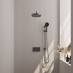 Brauer Stripe inbouw regendoucheset met drukknoppen - gebogen wandarm - 3-standen handdouche - glijstang - Geborsteld Gunmetal PVD