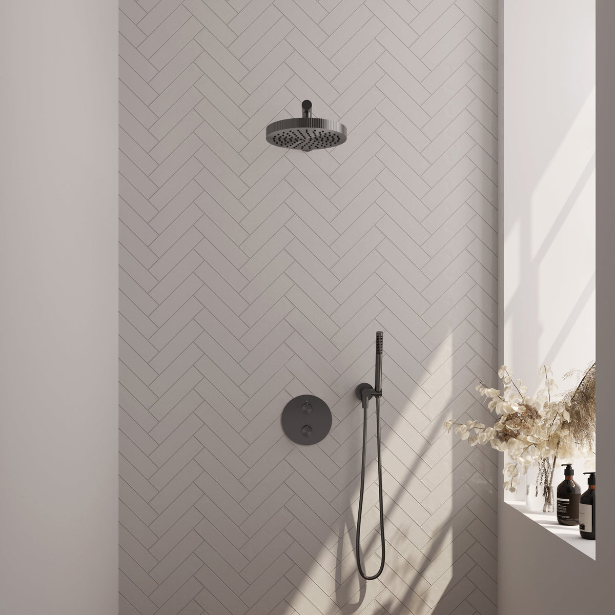 Brauer Stripe inbouw regendoucheset rond - rechte wandarm - staafhanddouche - wandhouder - Geborsteld Gunmetal PVD