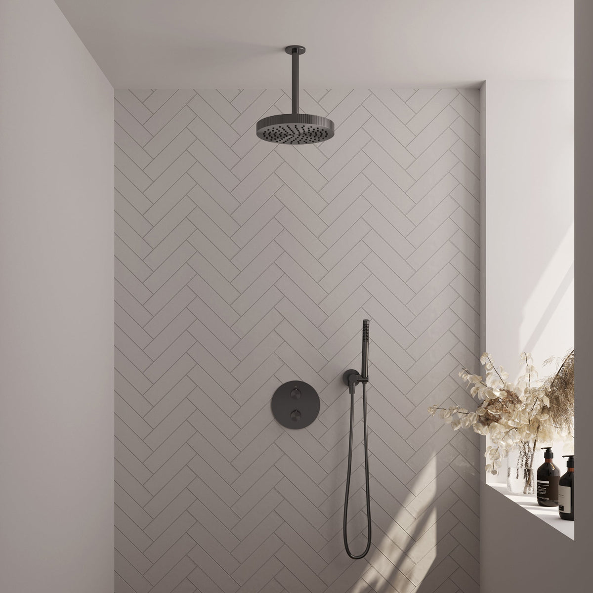 Brauer Stripe inbouw regendoucheset rond  - 20cm plafondbuis - staafhanddouche - wandhouder - Geborsteld Gunmetal PVD