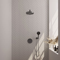 Brauer Stripe inbouw regendoucheset rond - rechte wandarm - 3-standen handdouche - wandhouder - Geborsteld Gunmetal PVD