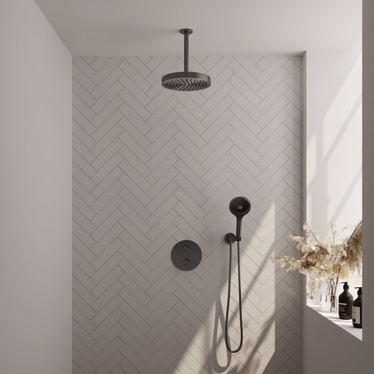 Brauer Stripe inbouw regendoucheset rond  - 20cm plafondbuis - 3-standen handdouche - wandhouder - Geborsteld Gunmetal PVD