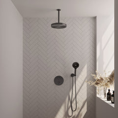 Brauer Stripe inbouw regendoucheset rond  - 20cm plafondbuis - 3-standen handdouche - wandhouder - Geborsteld Gunmetal PVD