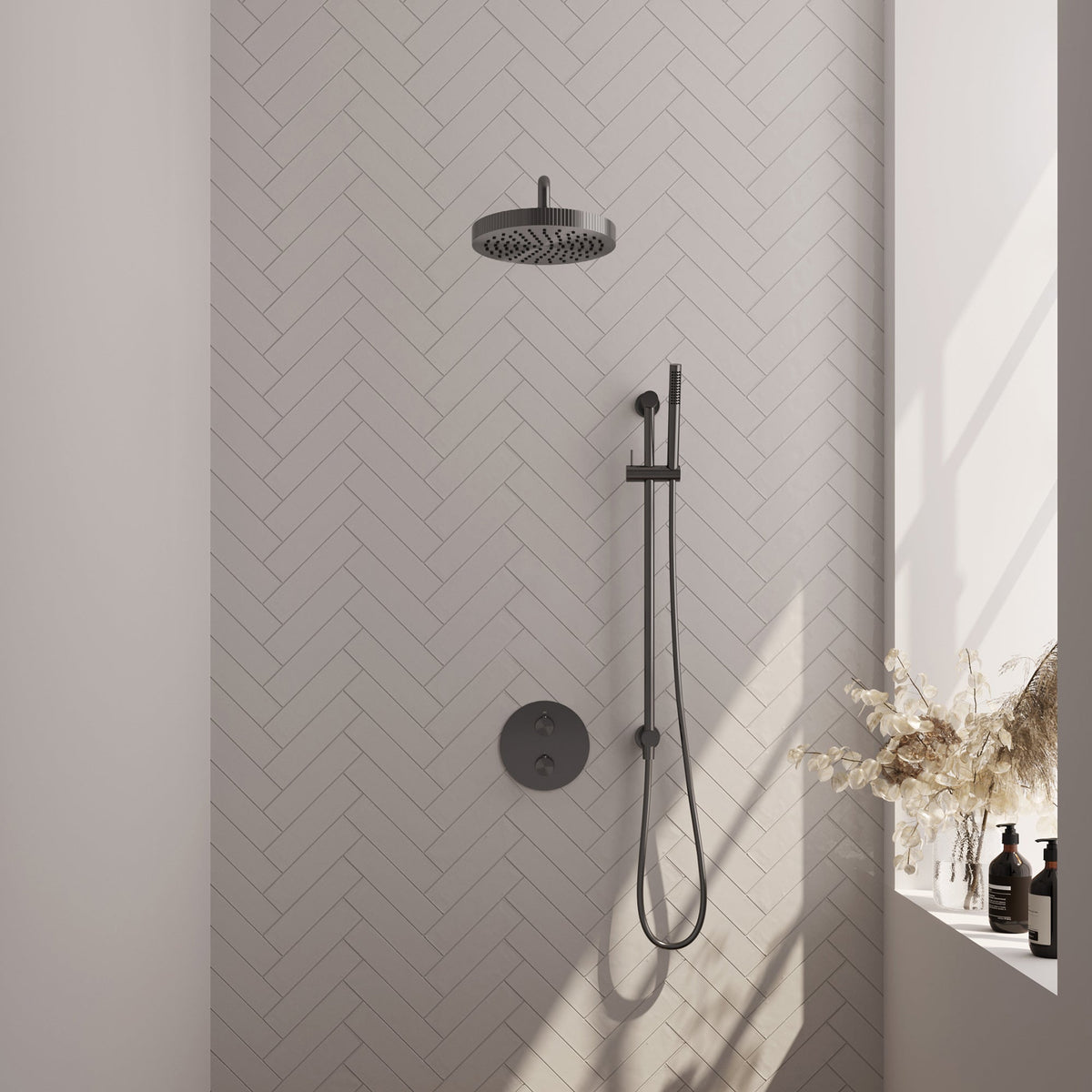 Brauer Stripe inbouw regendoucheset rond - gebogen wandarm - staafhanddouche - glijstang - Geborsteld Gunmetal PVD