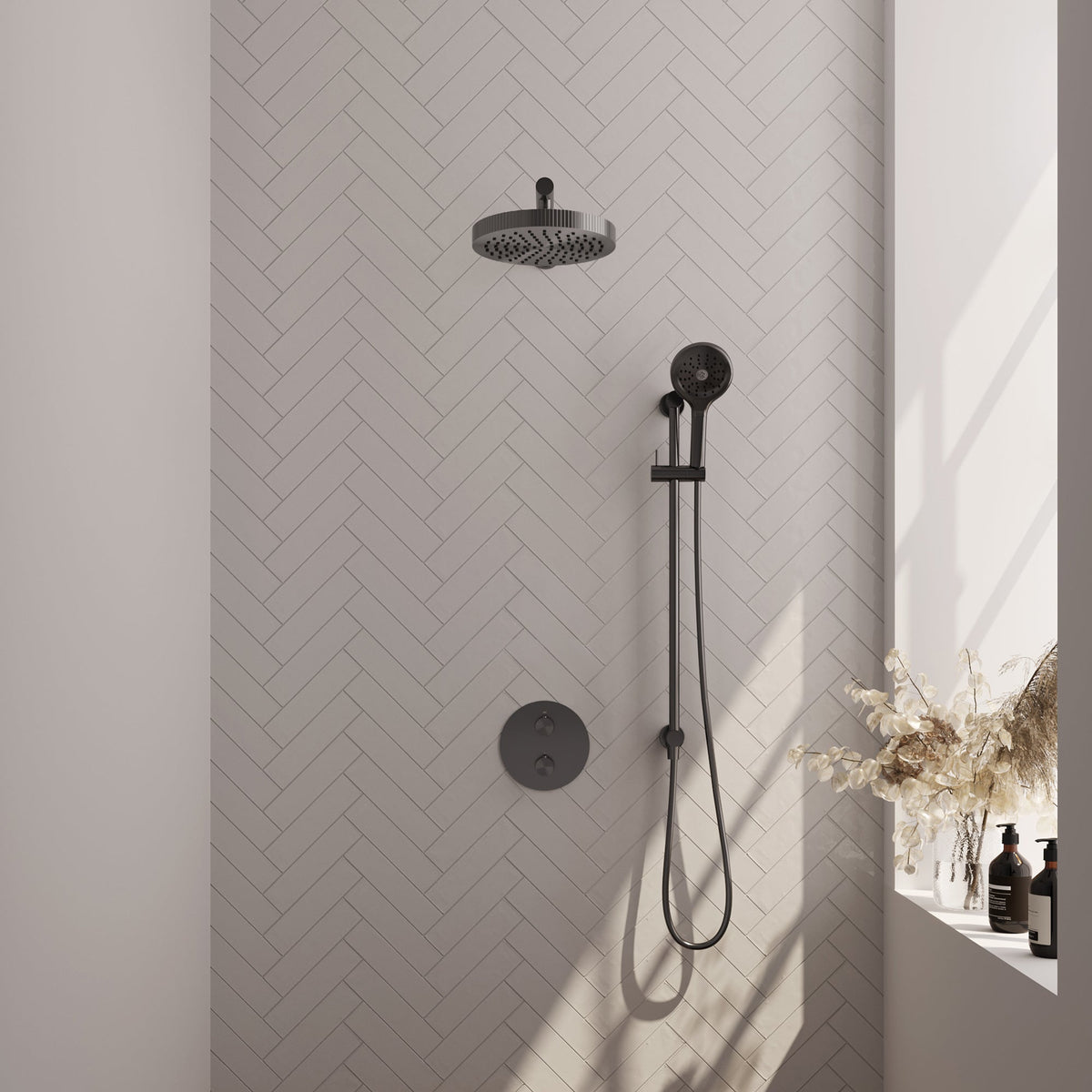 Brauer Stripe inbouw regendoucheset rond - rechte wandarm - 3-standen handdouche - glijstang - Geborsteld Gunmetal PVD