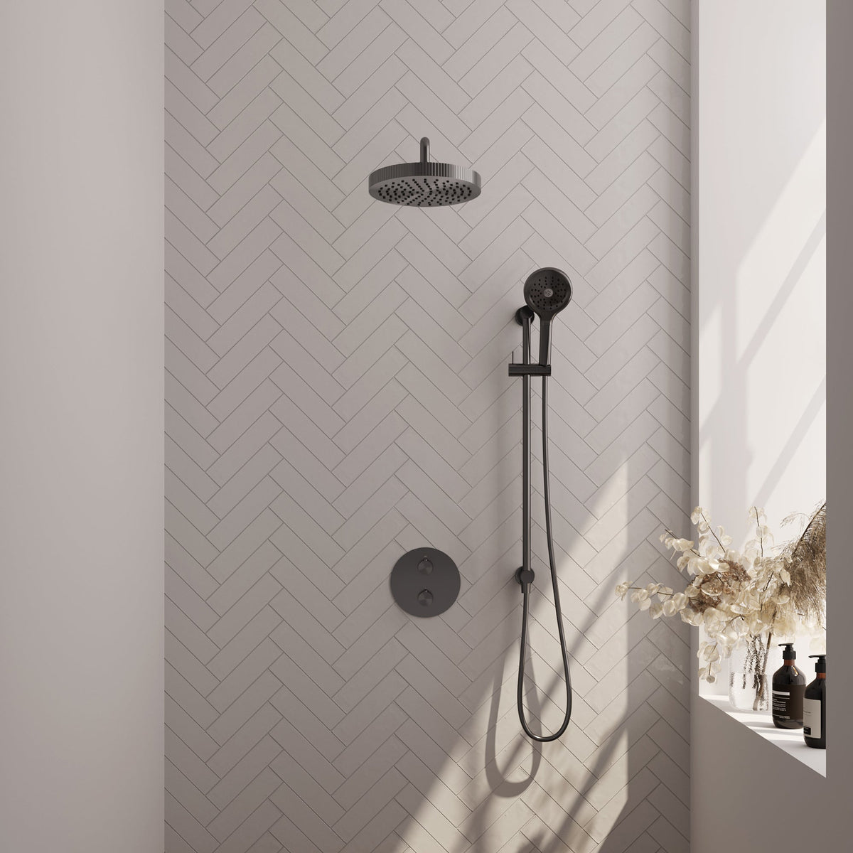 Brauer Stripe inbouw regendoucheset rond - gebogen wandarm - 3-standen handdouche - glijstang - Geborsteld Gunmetal PVD