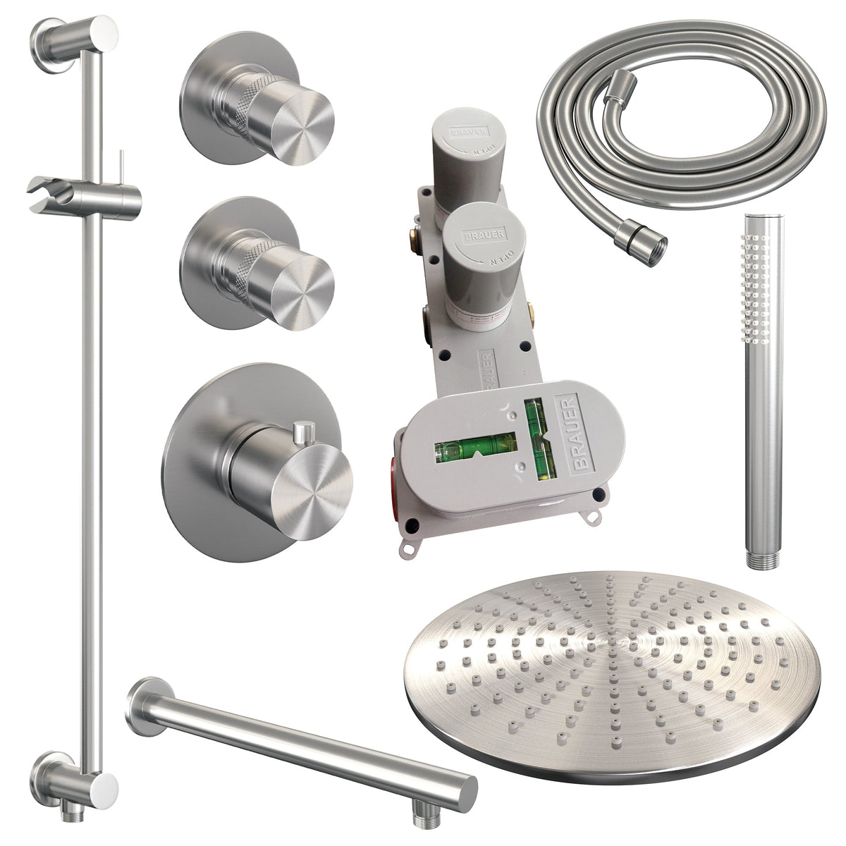 Brauer Edition thermostatische inbouw doucheset - geborsteld RVS PVD - hoofddouche 30cm - wandarm - staafhanddouche - Glijstang - geborsteld RVS PVD