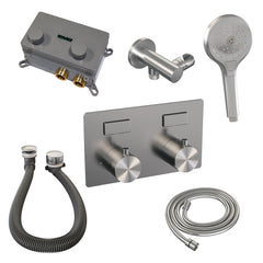 Brauer Brushed Edition thermostatische inbouw badkraan met drukknoppen SET 04 met badvulcombinatie en 3-standen handdouche en doucheslang en wandaansluitbocht RVS geborsteld PVD - 5-NG-209
