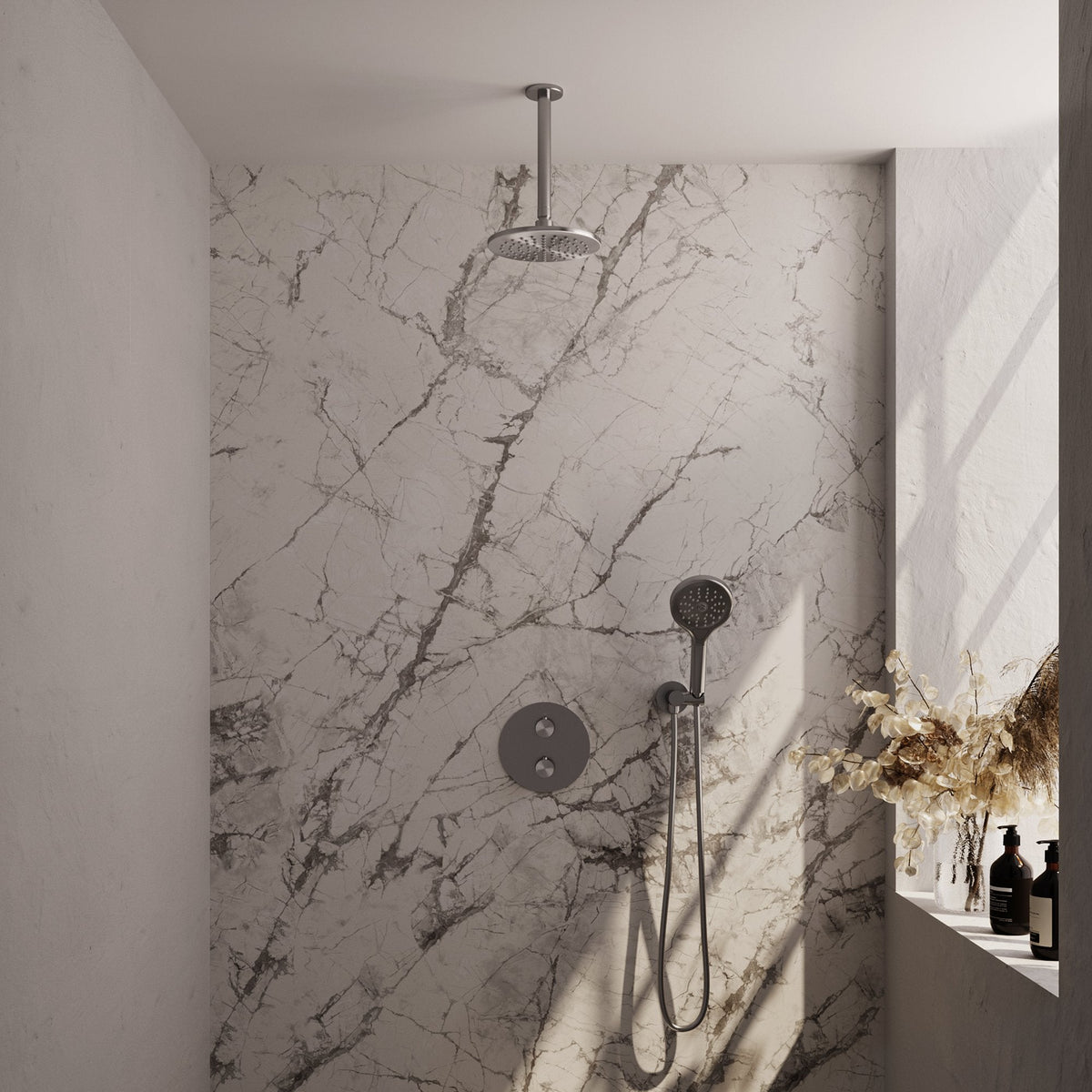 Brauer Edition inbouw regendoucheset 3-weg rond - 20cm hoofddouche - plafondarm - 3 standen handdouche - wandhouder - geborsteld RVS PVD