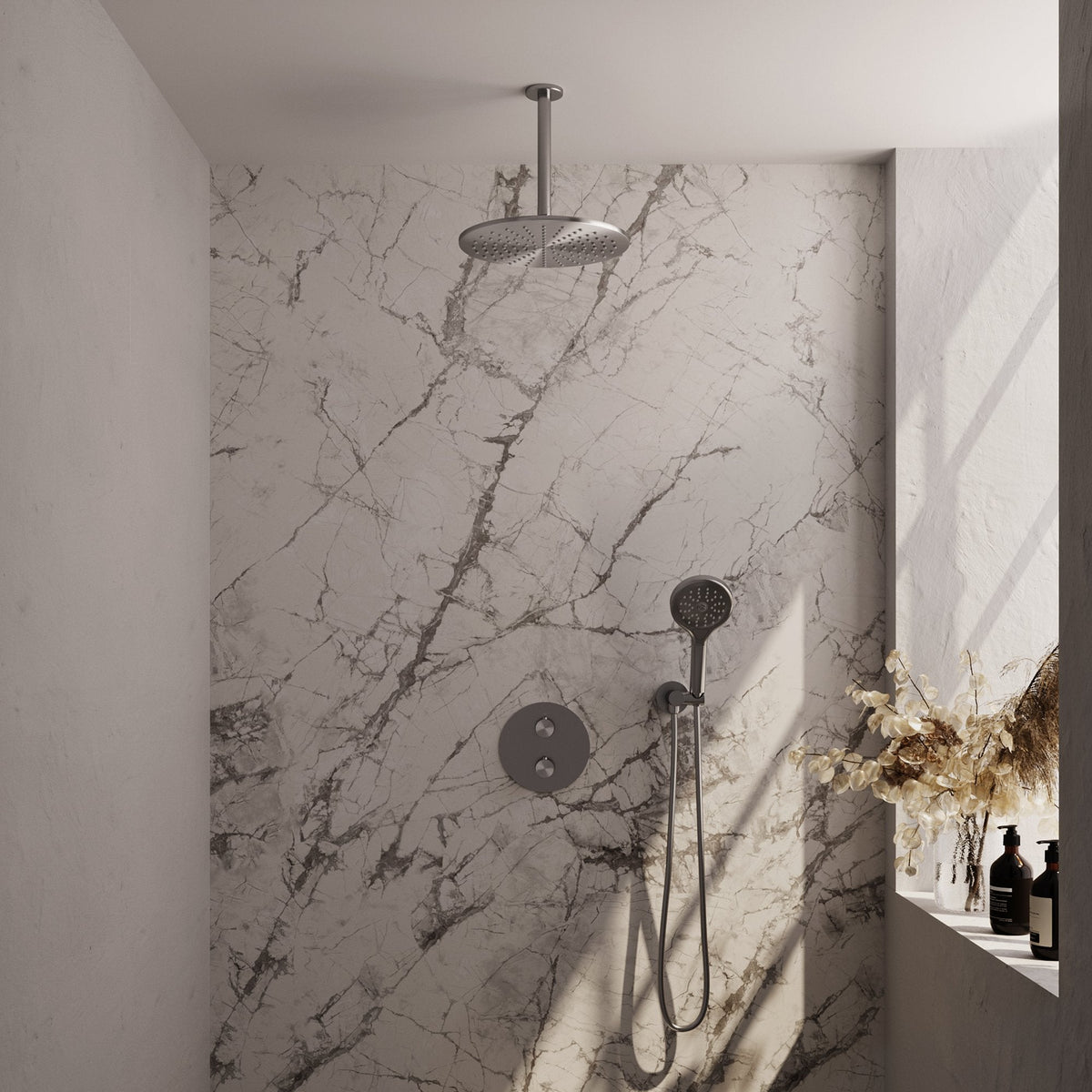 Brauer Edition inbouw regendoucheset 3-weg rond - 30cm hoofddouche - plafondarm - 3 standen handdouche - wandhouder - geborsteld RVS PVD